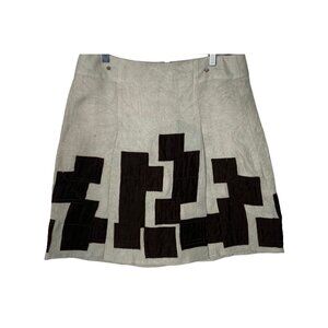 PER SE Women 100% Silk Mini Patchwork Skirt Linen Lined Sz 8 Ivory Brown 41-4